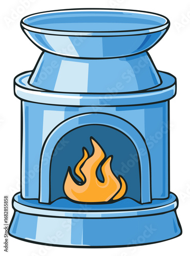 Blue essential oil diffuser with an orange flame illustration for aromatherapy