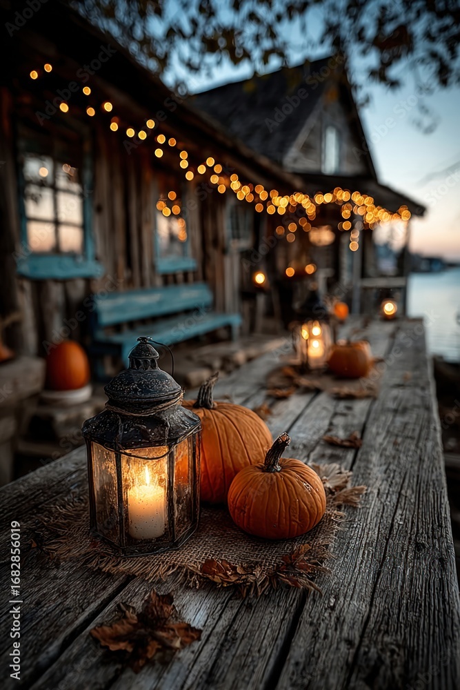 Fototapeta premium Candles and string lights with pumpkins on wooden table