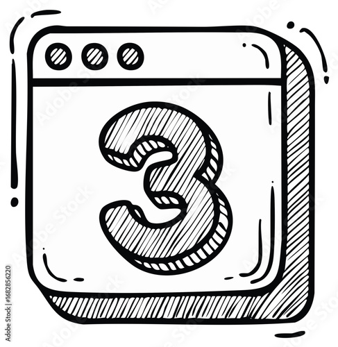 Hand drawn sketch of a calendar or website window displaying the number three