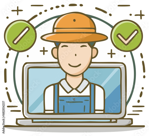 Smiling farmer on laptop screen with check marks for modern agritech and smart farming concept