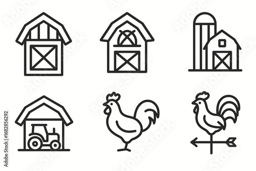 Set of farm icons: barns, roosters, tractor in simple line art style