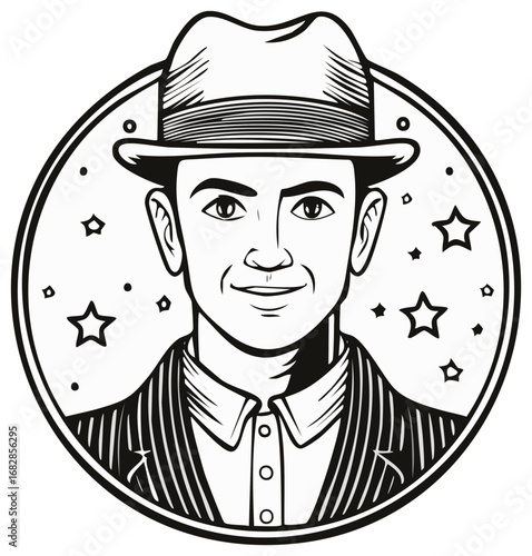 Vintage style portrait of a smiling man in a fedora hat and pinstripe suit with stars