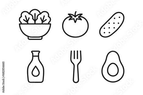 Simple line illustrations of fresh vegetables and kitchen utensils