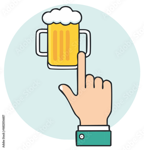 Hand pressing a beer mug with foam top cartoon icon on light blue background