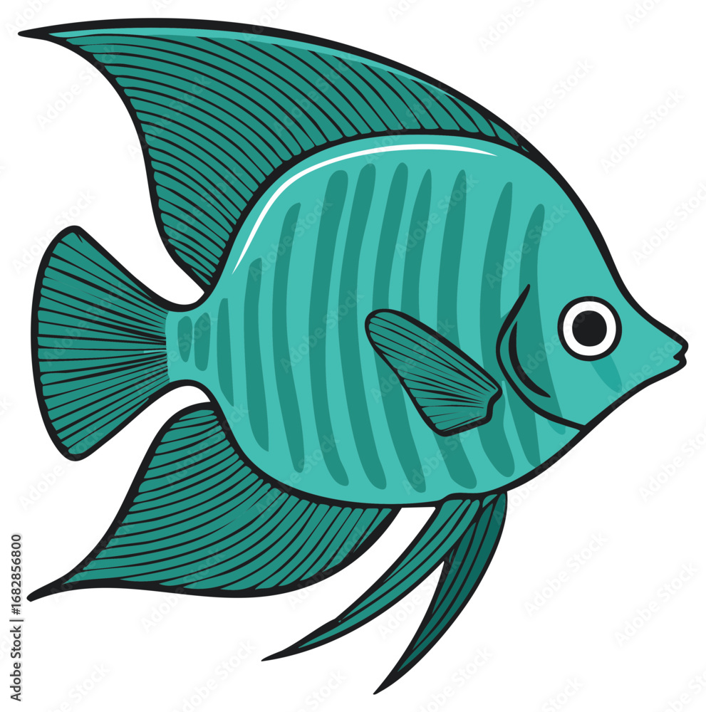Naklejka premium Blue Angel Fish Illustration with Fins and Stripes Tropical Aquatic Marine Life Creature Underwater Cartoon Character Art