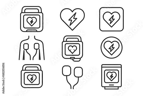 Defibrillator icons set: heart, electrodes, medical equipment outlines for emergency use