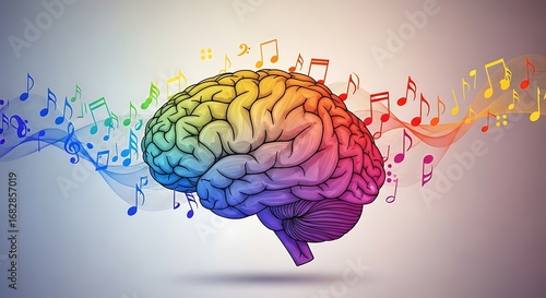 Vibrant, colorful brain visualized with flowing musical notes, symbolizing creativity, inspiration, and cognitive connection to sound