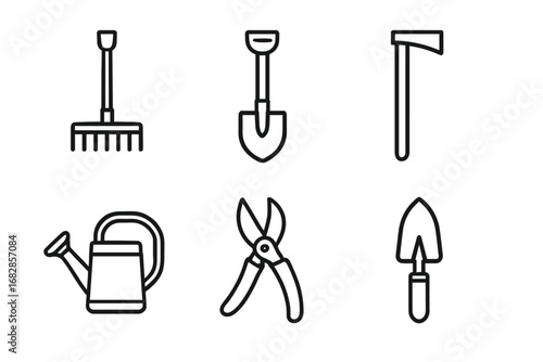 Essential gardening tools: rake, shovel, hoe, watering can, pruners, trowel icons