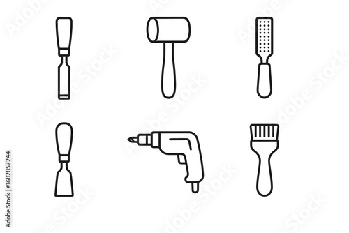 Line art of carpentry tools: chisel, mallet, rasp, drill, brush icons