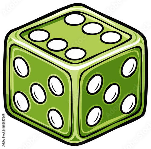 A single green six sided die in a cartoon style showing high numbers for gaming and gambling
