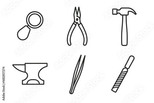 Outline icons of jewelry tools including magnifier, pliers, hammer, anvil, tweezers, file