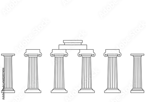 Six columns two supporting a tiered structure are aligned on a horizontal plane