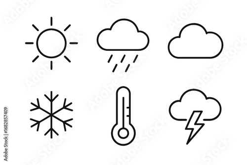 Minimalist weather icons: sun, rain, cloud, snow, thermometer, thunderstorm
