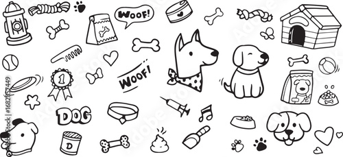 Dog Doodles – Puppy, Bone, Woof Text, Cartoon Dog, Cute Pets, Animal Icons, Paw Prints, Hand Drawn, Black and White, Funny, Sketch, Minimal, Doodle Pack, Playful, Kids Art, Decorative, Fun Illustratio
