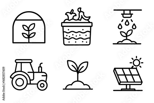 Eco-friendly agriculture icons: greenhouse, compost, irrigation, tractor, plant, solar panel
