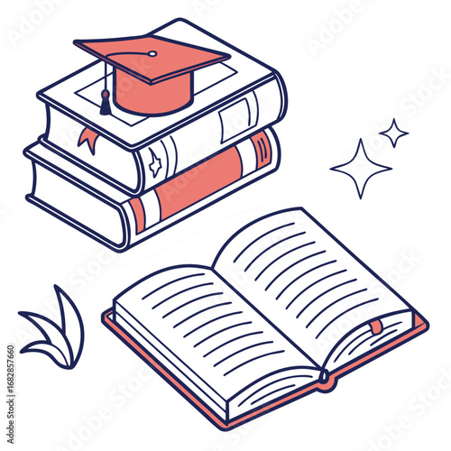 Academic illustration: Explore the world of academics with an illustration of books, a graduation hat, and an open book, creating an image representing knowledge and growth. 