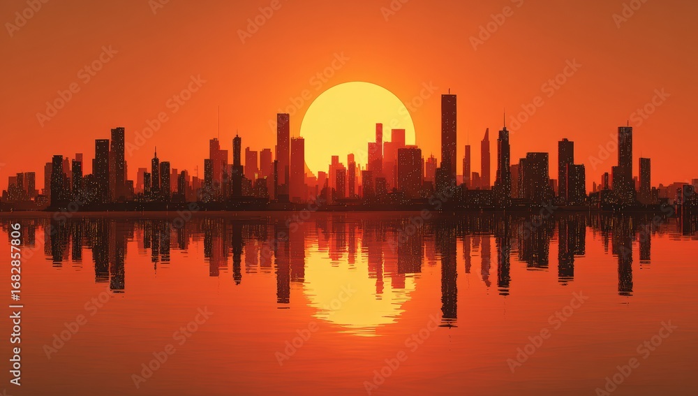 Obraz premium City skyline at fiery sunset reflected in water