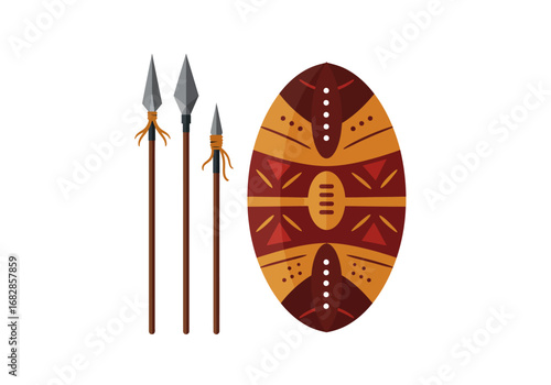 Three spears and a patterned shield are shown against a white background