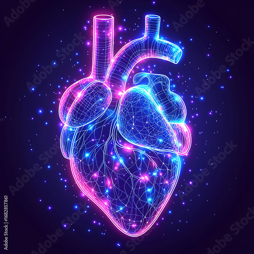 Wallpaper Mural Neonlit, wireframe human heart, glowing with vibrant pink and blue energy.  A captivating visual metaphor for health, vitality, and connection. Torontodigital.ca