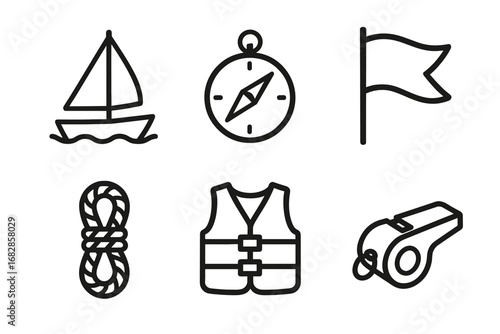 Nautical icons: sailboat, compass, flag, rope, life vest, whistle