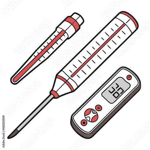 Thermometer Assortment: An illustrative depiction showcasing a variety of thermometers designed for temperature measurement, conveying scientific accuracy.