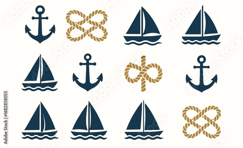 Nautical patterns with anchors, sailing boats, and rope knots