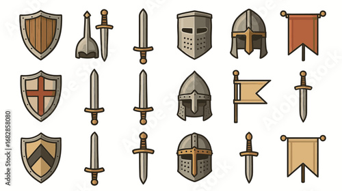 Medieval shields helmets swords and banners vector set on white background
