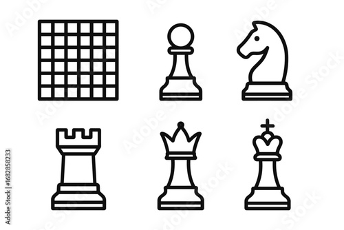 Chess icon set featuring board and pieces in simple black outline design