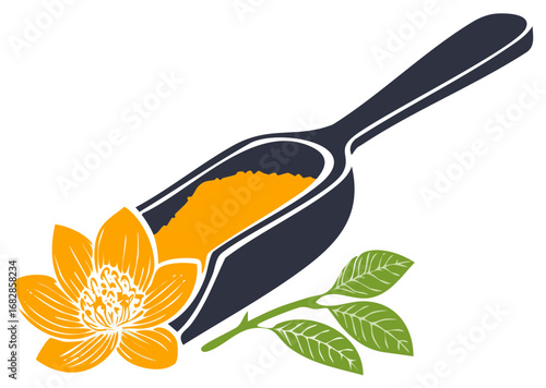 Stylized illustration of a scoop with herbs and a flower, health and wellness.