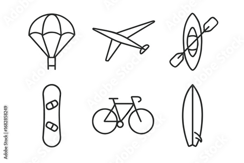 Outline icons of outdoor activities: paragliding, gliding, kayaking, snowboarding, cycling, surfing