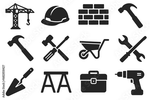 Construction tool icons: hard hat, hammer, brick wall, drill, toolbox, and more