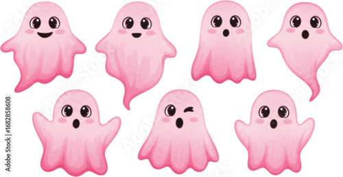 set of Cute pink ghost character with big eyes in a watercolor style suitable for Halloween decorations and children's art
