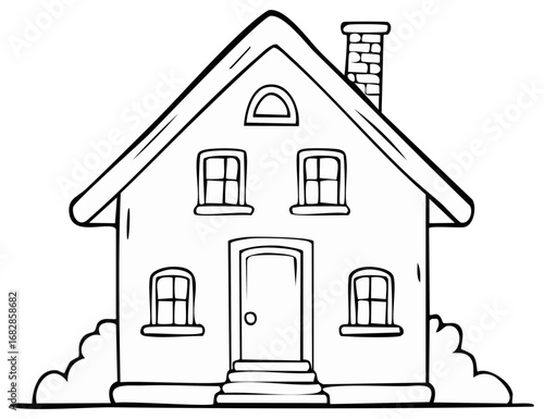 Simple hand drawn outline of a house with a chimney and windows