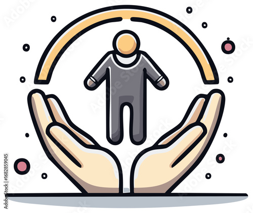 Person safeguarded within hands with a protective arc, offering security and guardianship