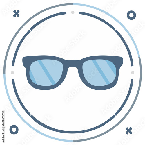 Iconic sunglasses within a decorative circular frame in blue tones, flat design.