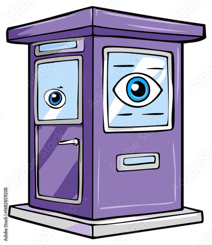 Cartoon-style purple security booth or entry kiosk with eyes peering from windows