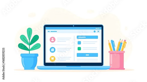 Modern Laptop Setup with Office Plant and Digital Interface Display.