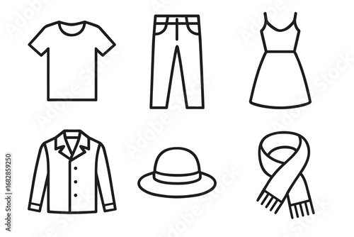 Outline icons of clothing items: t-shirt, pants, dress, jacket, hat, scarf