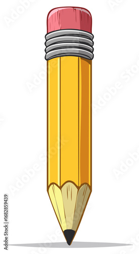 Classic yellow pencil with pink eraser and sharpened graphite point isolated on white