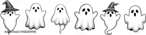 set of Cute hand-drawn black and white ghost illustration on a white background, featuring soft lines and a charming, whimsical design perfect for Halloween, children's themes, or spooky decorations
