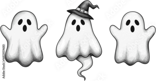 set of Cute hand-drawn black and white ghost illustration on a white background, featuring soft lines and a charming, whimsical design perfect for Halloween, children's themes, or spooky decorations