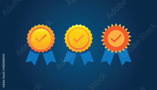 Award-winning vector illustration of three golden badges with checkmarks on a dark blue background. Perfect for achievement, quality, guarantee, or certification concepts. Suitable for web