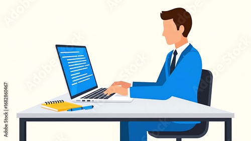 Animated Businessman Working on Laptop at Office Desk.
