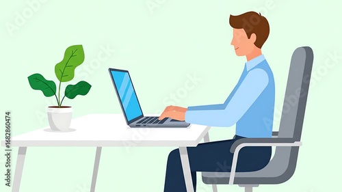 Man working on laptop computer at office desk with plant.