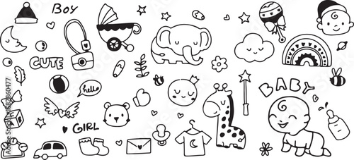 Cute Baby Toys Doodle – Teddy, Rattle, Car, Elephant, Stars, Moon, Pacifier, Kid, Child, Play, Cartoon, Vector, Drawing, Nursery, Cute, Childhood, Fun, Gift