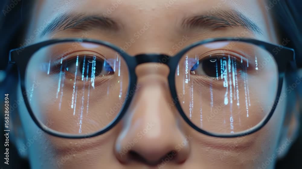 Futuristic close up on a female programmer's eyes with a digital matrix ...