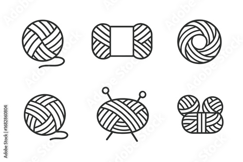 Variety of yarn balls and knitting icons in minimalist black and white design