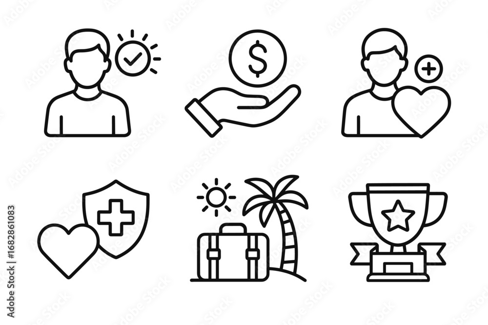 Fototapeta premium Icons of people, money, health, travel, and achievement