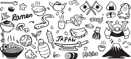 Japan Doodles – Sushi, Ramen, Kimono, Chopsticks, Tea, Rice Bowl, Japan Text, Travel, Food, Cultural, Traditional, Japanese Icons, Hand Drawn, Black and White, Illustration, Minimal, Decorative, Fun S