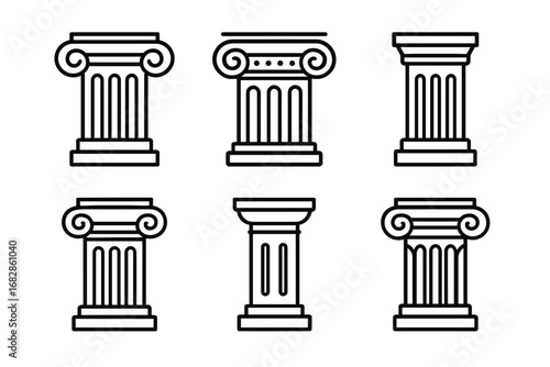 Set of six classical column designs: ionic and doric styles illustrated